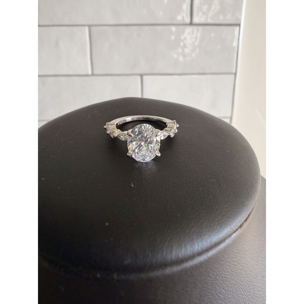 925 Sterling Silver Large Round Clear Stone Statement Engagement Ring Size 5.5
